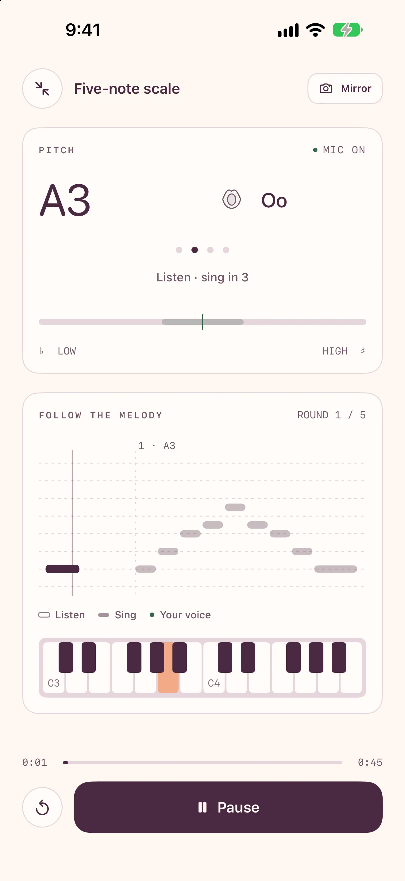 The drill player counting in: listen, sing in 3, with A3 lit on the piano keyboard.