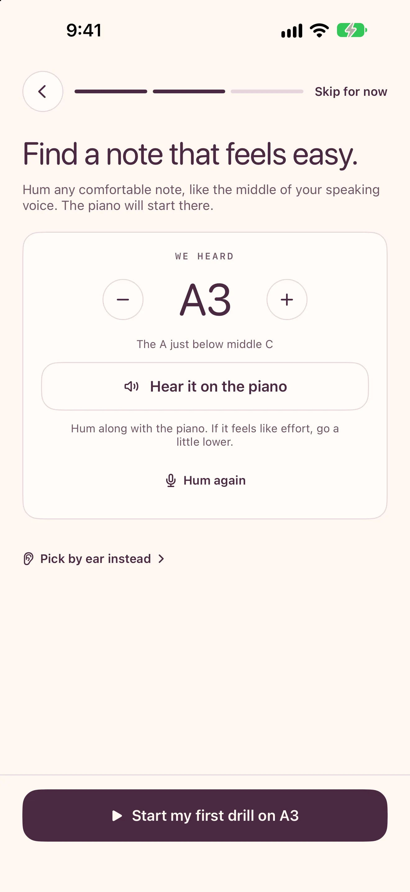 Find a note that feels easy: Ariose heard A3, the A just below middle C.