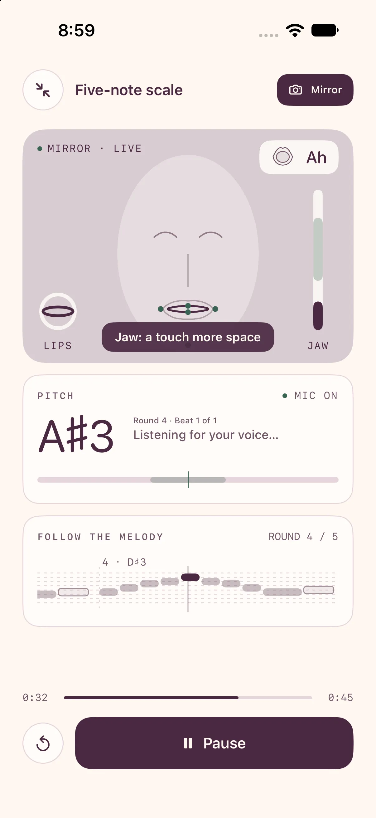 Mirror during a drill: a drawn face outline with jaw and lip gauges and the cue “Jaw: a touch more space”.