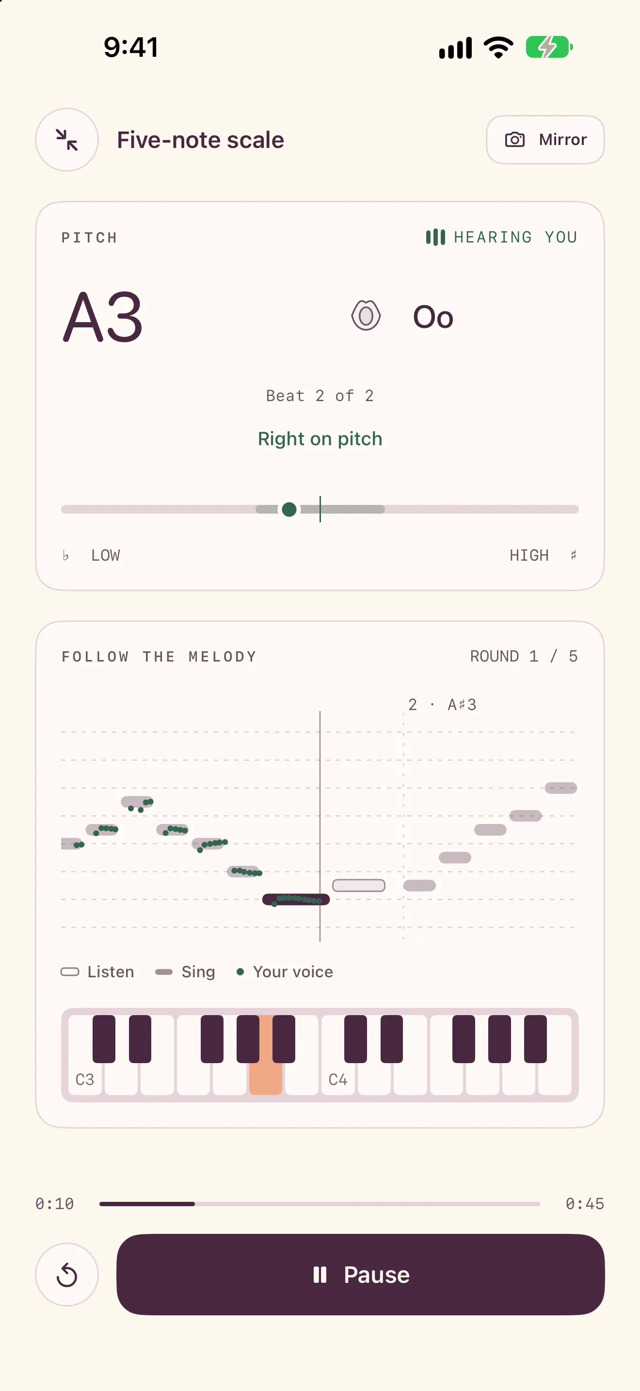 The Ariose drill player during a five-note scale: right on pitch, with the singer's voice traced over each note of the melody and the note lit on a piano keyboard.